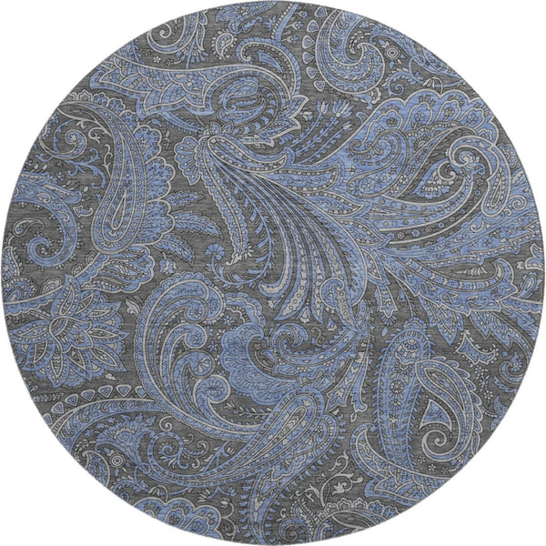 HomeRoots 8' Charcoal and Blue Paisley Round Rug - Washable, UV-Protected, Stain-Resistant, Stylish Decor 654641