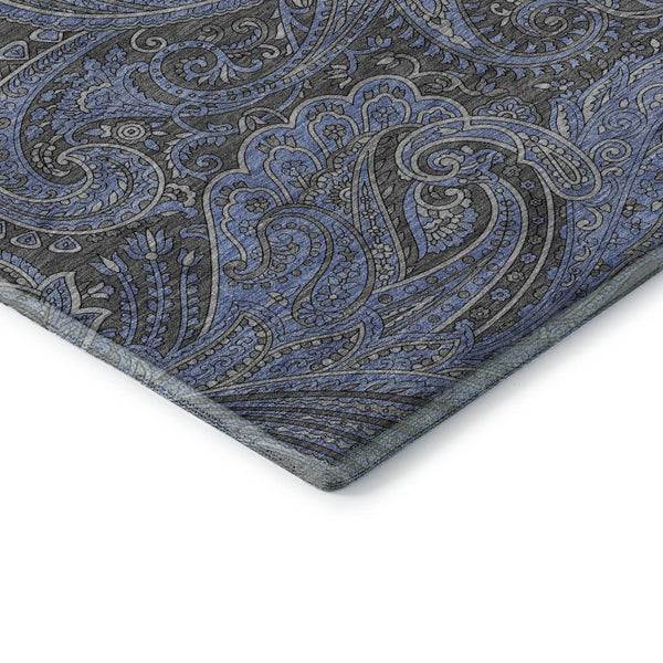 HomeRoots 8' Charcoal and Blue Paisley Round Rug - Washable, UV-Protected, Stain-Resistant, Stylish Decor 654641