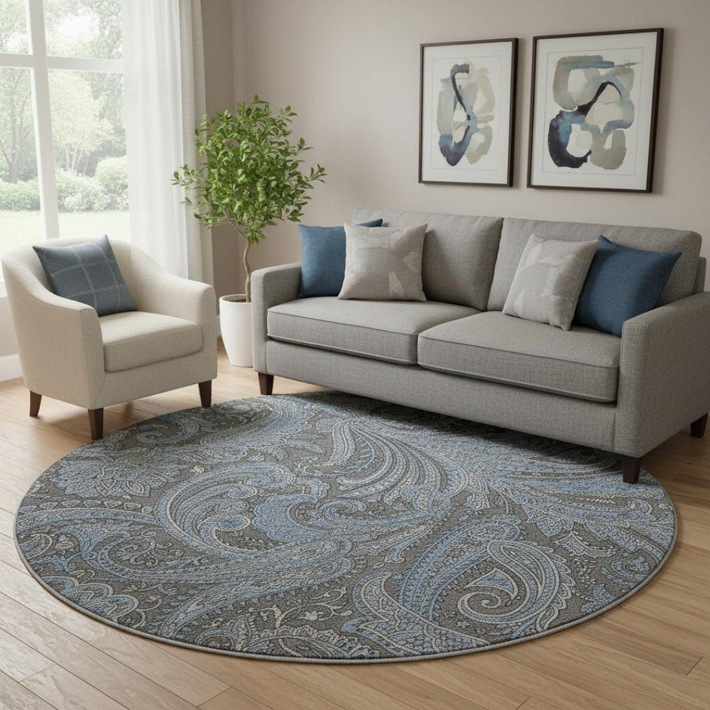 HomeRoots 8' Charcoal and Blue Paisley Round Rug - Washable, UV-Protected, Stain-Resistant, Stylish Decor 654641