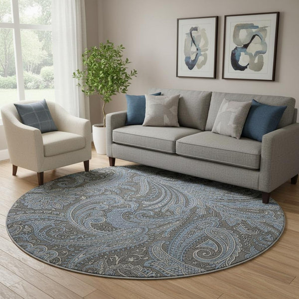 HomeRoots 8' Charcoal and Blue Paisley Round Rug - Washable, UV-Protected, Stain-Resistant, Stylish Decor 654641