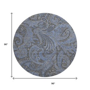 HomeRoots 8' Charcoal and Blue Paisley Round Rug - Washable, UV-Protected, Stain-Resistant, Stylish Decor 654641