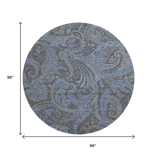 HomeRoots 8' Charcoal and Blue Paisley Round Rug - Washable, UV-Protected, Stain-Resistant, Stylish Decor 654641