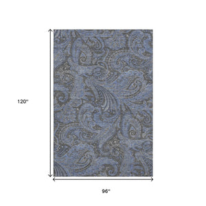 HomeRoots 8' X 10' Charcoal and Blue Paisley Area Rug – Stain-Resistant, UV Protected, Durable for Homes 654642