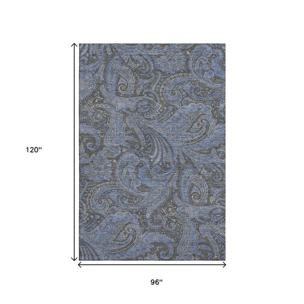 HomeRoots 8' X 10' Charcoal and Blue Paisley Area Rug – Stain-Resistant, UV Protected, Durable for Homes 654642