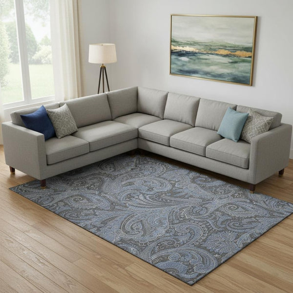 HomeRoots 8' X 10' Charcoal and Blue Paisley Area Rug – Stain-Resistant, UV Protected, Durable for Homes 654642