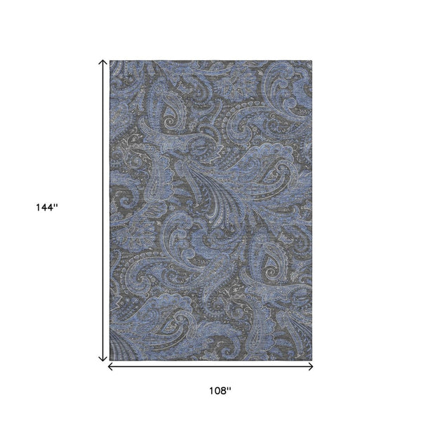 HomeRoots 9' X 12' Charcoal & Blue Paisley Area Rug – Washable, UV-Protected, Durable for Busy Homes & Style 654643