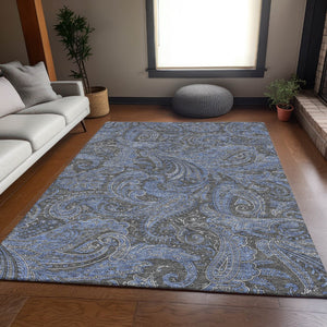 HomeRoots 10' X 14' Charcoal & Blue Paisley Washable Area Rug - Stain-Resistant, UV Protected, Stylish Design 654644