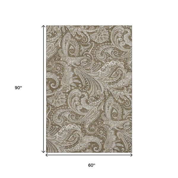 HomeRoots 5' X 8' Chocolate and Ivory Paisley Area Rug - Stylish, Washable, UV-Protected for Everyday Living 654646