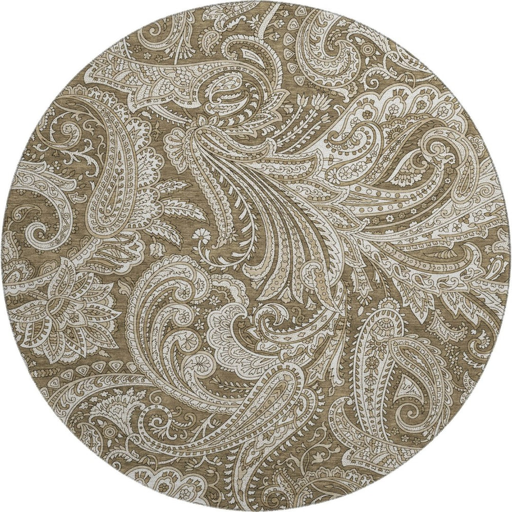 HomeRoots 8' Chocolate and Ivory Paisley Round Rug - Washable, UV Protected, Stain Resistant for Every Home 654647