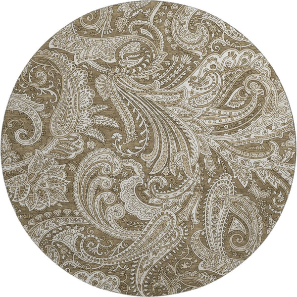 HomeRoots 8' Chocolate and Ivory Paisley Round Rug - Washable, UV Protected, Stain Resistant for Every Home 654647