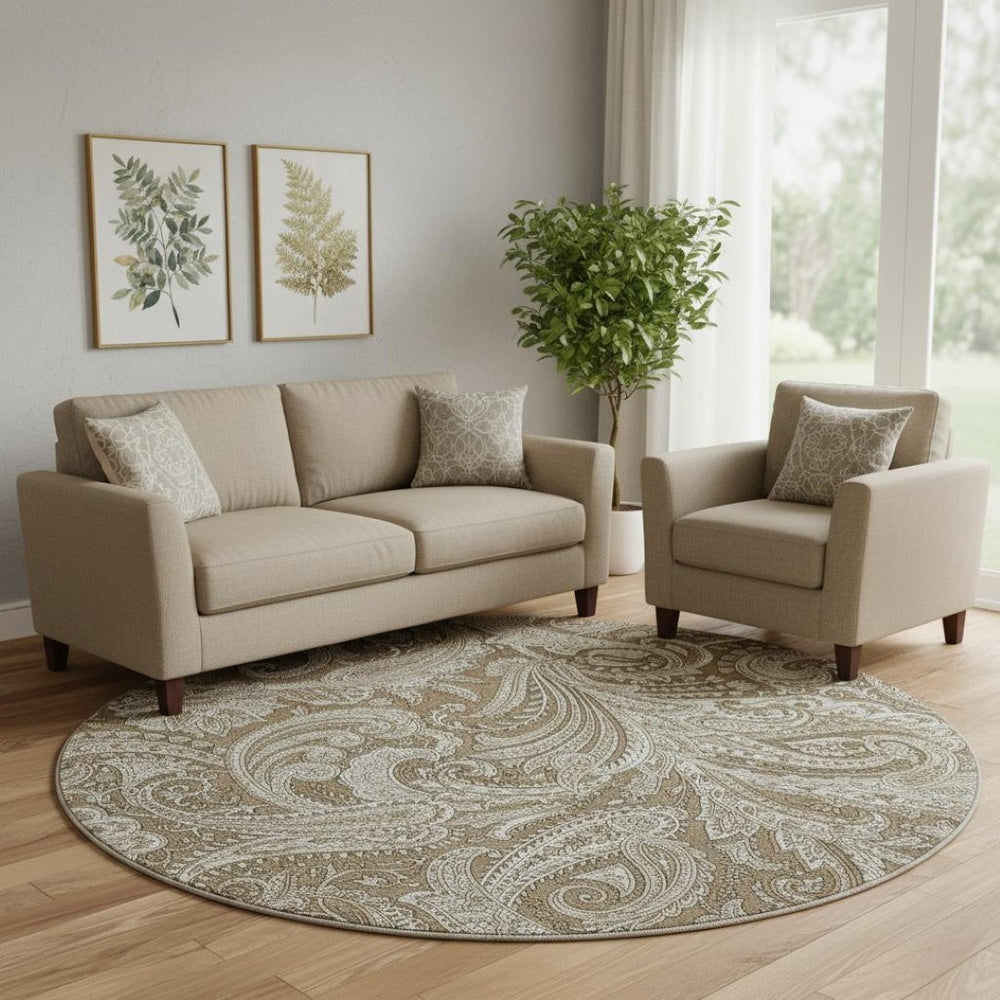 HomeRoots 8' Chocolate and Ivory Paisley Round Rug - Washable, UV Protected, Stain Resistant for Every Home 654647