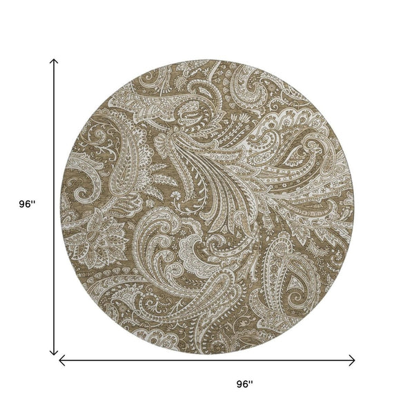 HomeRoots 8' Chocolate and Ivory Paisley Round Rug - Washable, UV Protected, Stain Resistant for Every Home 654647