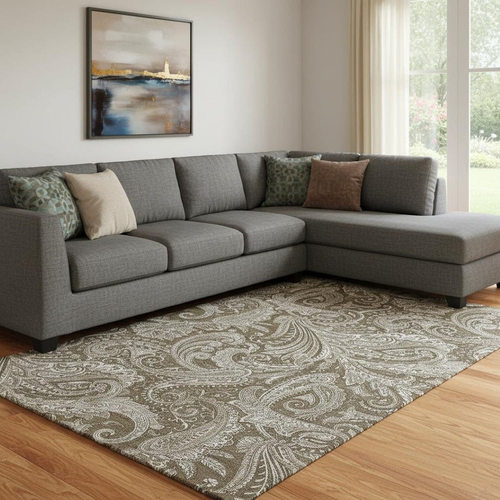 HomeRoots 9' X 12' Chocolate & Ivory Paisley Area Rug - Washable, UV Protected, Durable for Homes with Kids & Pets 654649