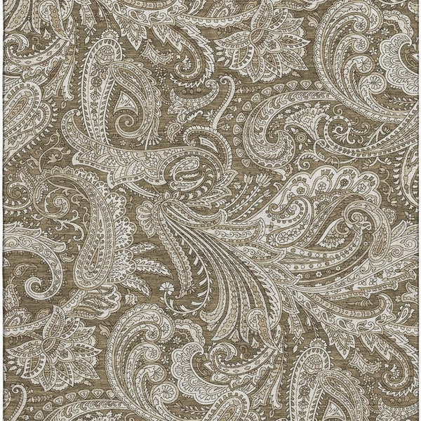 HomeRoots 9' X 12' Chocolate & Ivory Paisley Area Rug - Washable, UV Protected, Durable for Homes with Kids & Pets 654649