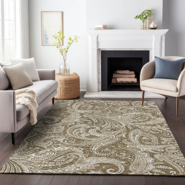 HomeRoots 10' X 14' Chocolate and Ivory Paisley Washable Area Rug - Durable, UV Protected, Stylish Foundation for Homes 654650