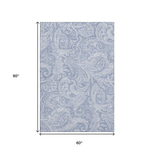 HomeRoots 5' Denim Blue and Ivory Paisley Area Rug - Washable, Stain-Resistant, UV Protected for Durability 654652
