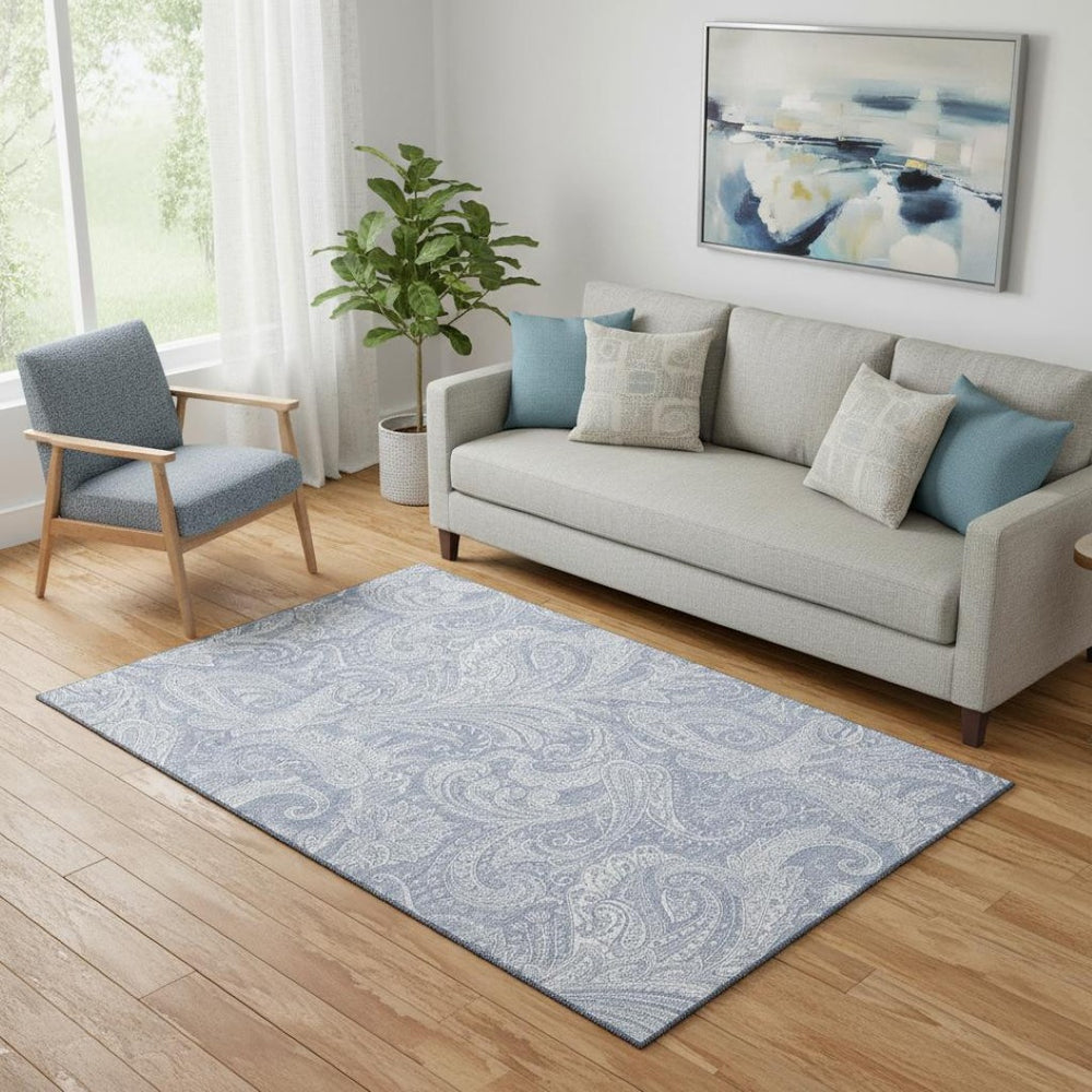 HomeRoots 5' Denim Blue and Ivory Paisley Area Rug - Washable, Stain-Resistant, UV Protected for Durability 654652