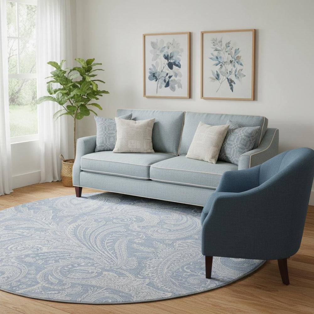 HomeRoots 8' Denim Blue & Ivory Paisley Round Rug - Washable, Stain-Resistant, UV Protected for Versatile Spaces 654653