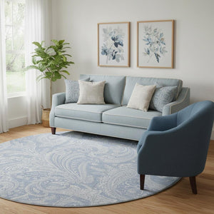 HomeRoots 8' Denim Blue & Ivory Paisley Round Rug - Washable, Stain-Resistant, UV Protected for Versatile Spaces 654653