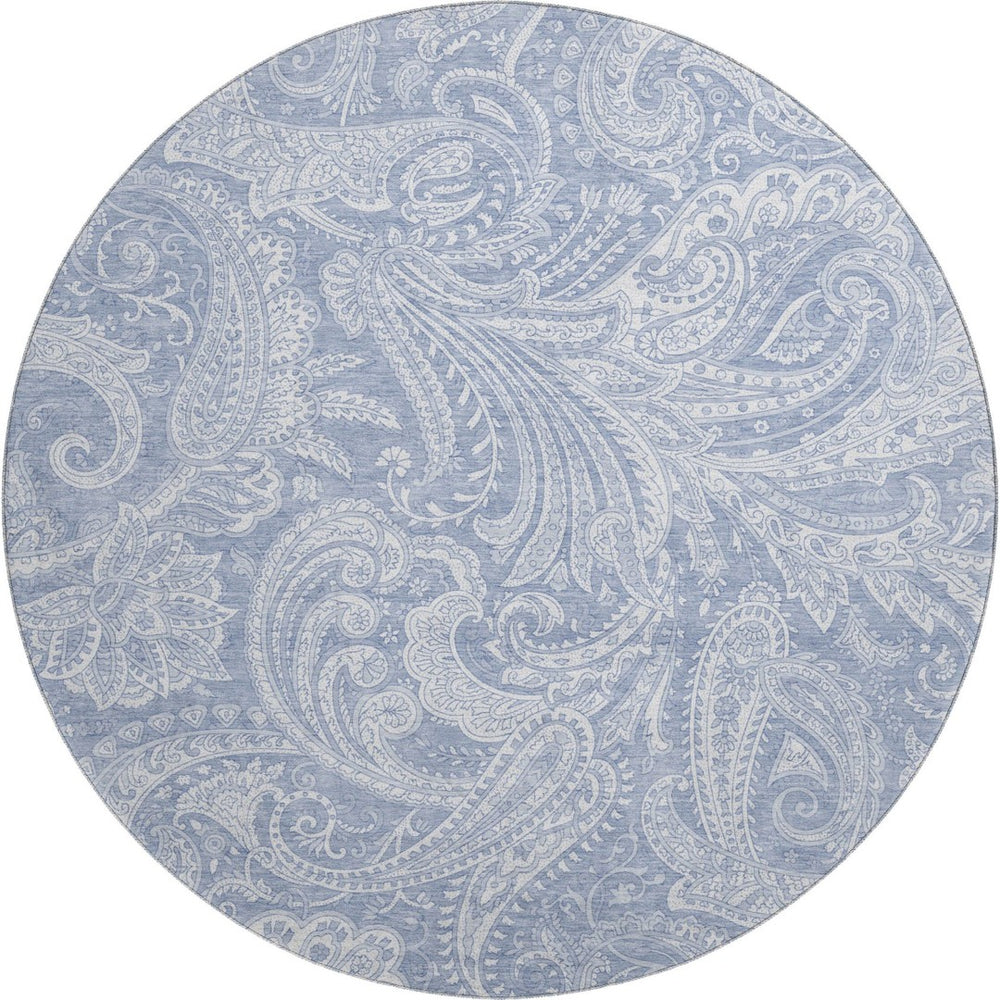 HomeRoots 8' Denim Blue & Ivory Paisley Round Rug - Washable, Stain-Resistant, UV Protected for Versatile Spaces 654653