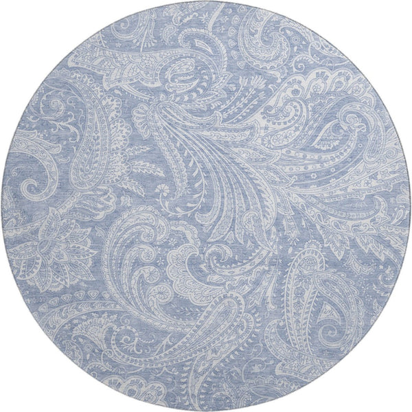 HomeRoots 8' Denim Blue & Ivory Paisley Round Rug - Washable, Stain-Resistant, UV Protected for Versatile Spaces 654653