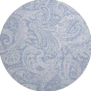 HomeRoots 8' Denim Blue & Ivory Paisley Round Rug - Washable, Stain-Resistant, UV Protected for Versatile Spaces 654653