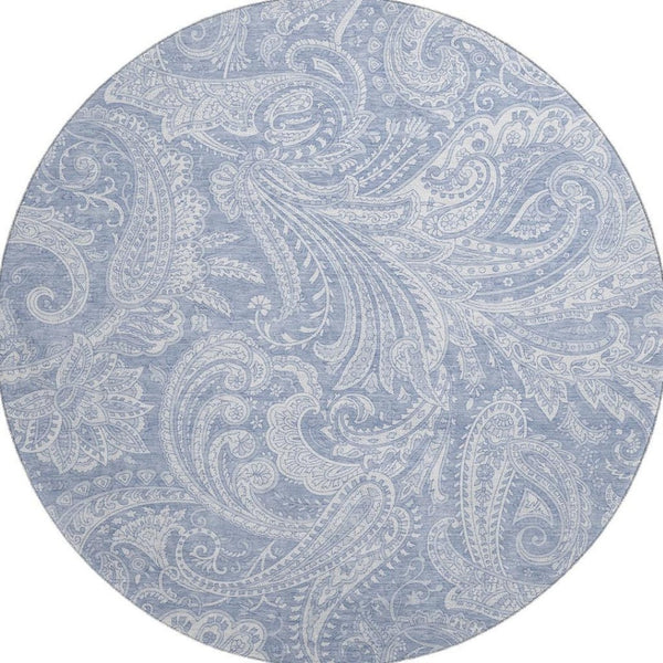 HomeRoots 8' Denim Blue & Ivory Paisley Round Rug - Washable, Stain-Resistant, UV Protected for Versatile Spaces 654653