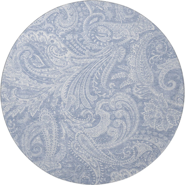 HomeRoots 8' Denim Blue & Ivory Paisley Round Rug - Washable, Stain-Resistant, UV Protected for Versatile Spaces 654653