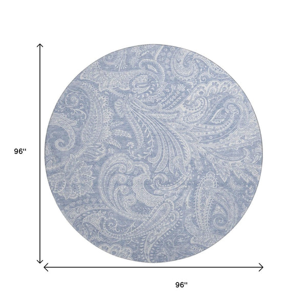 HomeRoots 8' Denim Blue & Ivory Paisley Round Rug - Washable, Stain-Resistant, UV Protected for Versatile Spaces 654653