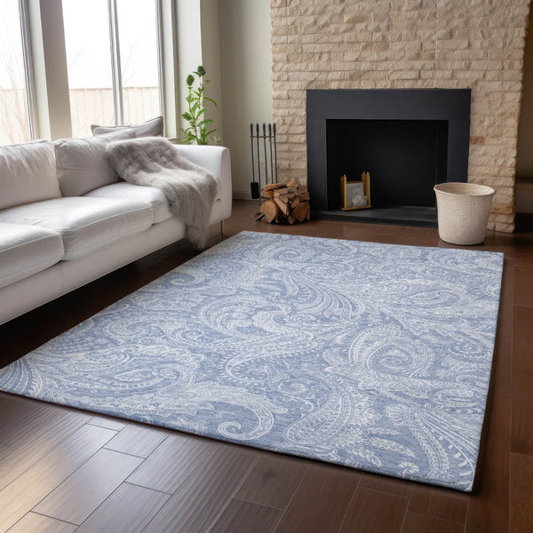 HomeRoots 8' X 10' Denim Blue & Ivory Paisley Washable Area Rug - Durable, Stain-Resistant, UV Protected Décor 654654