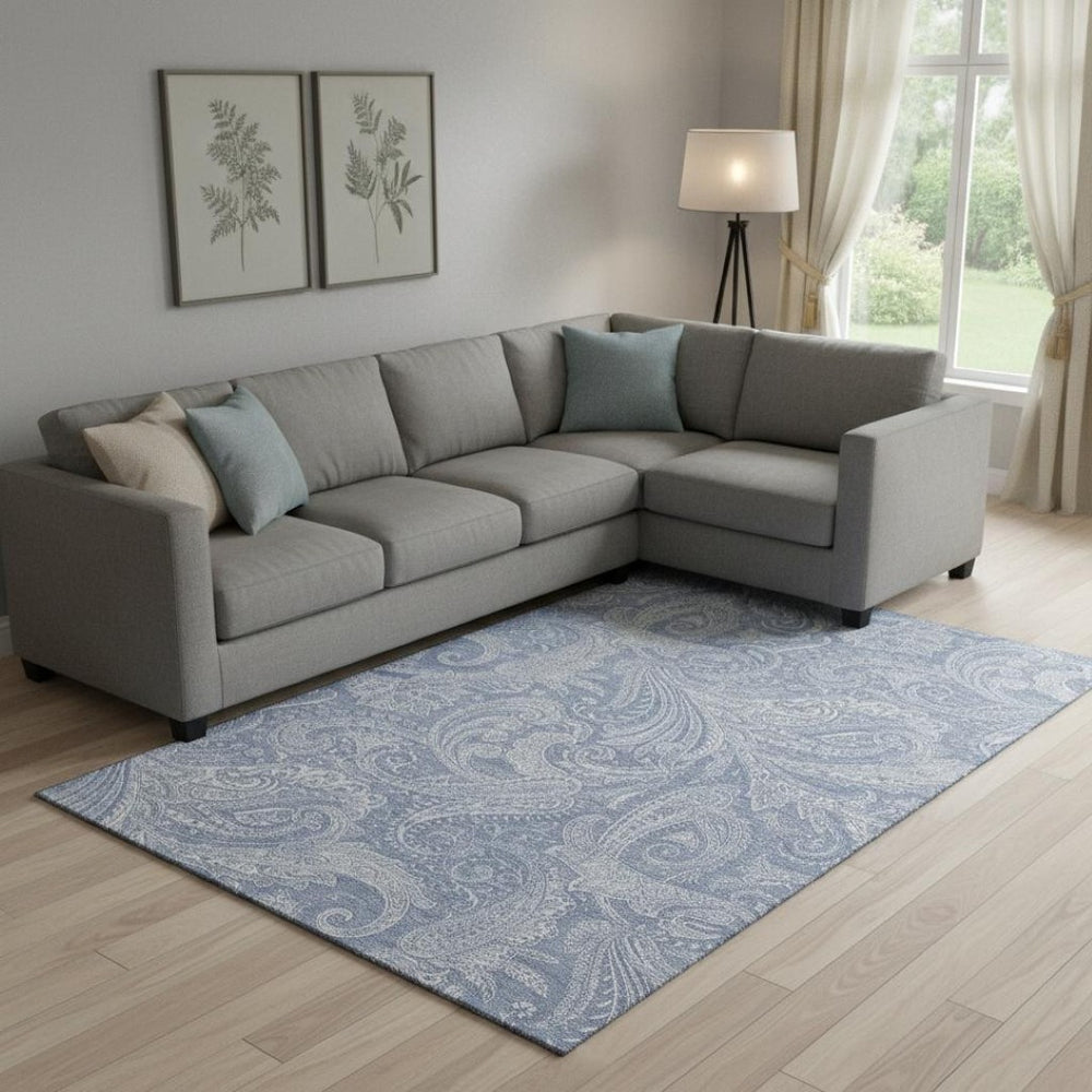 HomeRoots 9' X 12' Denim Blue and Ivory Paisley Area Rug – Washable, UV-Resistant, Perfect for Any Room! 654655