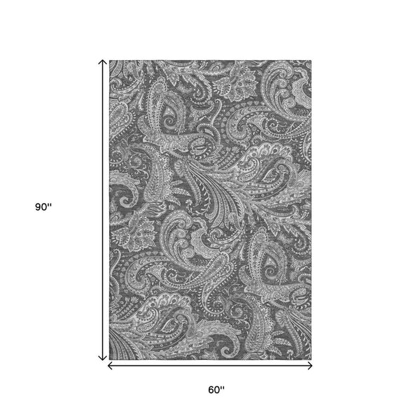 HomeRoots 5' X 8' Gray Ivory Paisley Area Rug - Washable, UV Protected, Perfect for Homes with Kids & Pets! 654658