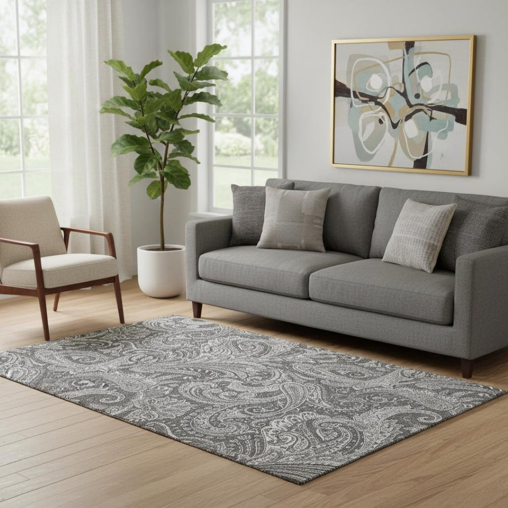 HomeRoots 5' X 8' Gray Ivory Paisley Area Rug - Washable, UV Protected, Perfect for Homes with Kids & Pets! 654658