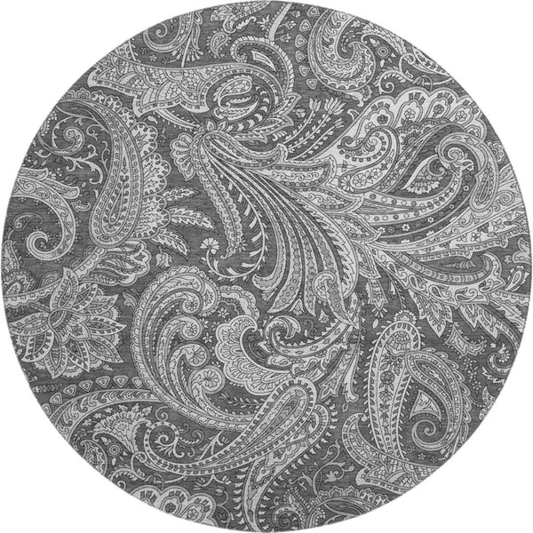 HomeRoots 8' Gray and Ivory Paisley Round Rug - Washable, UV-Protected, Stylish for High-Traffic Homes! 654659
