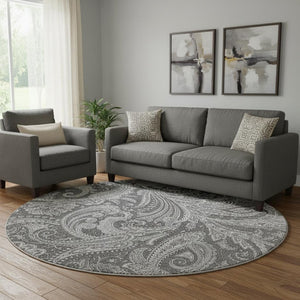 HomeRoots 8' Gray and Ivory Paisley Round Rug - Washable, UV-Protected, Stylish for High-Traffic Homes! 654659