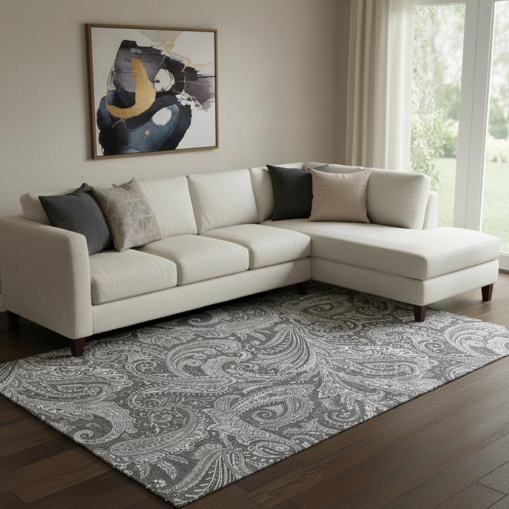 HomeRoots 8' X 10' Gray And Ivory Paisley Area Rug - Stylish, Washable, UV-Protected for Family-Friendly Spaces 654660