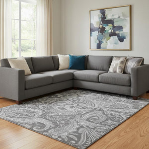 HomeRoots 9' X 12' Gray And Ivory Paisley Area Rug - Durable, Washable, UV-Protected for Family Spaces 654661