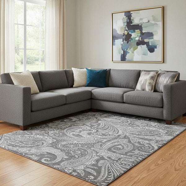 HomeRoots 9' X 12' Gray And Ivory Paisley Area Rug - Durable, Washable, UV-Protected for Family Spaces 654661