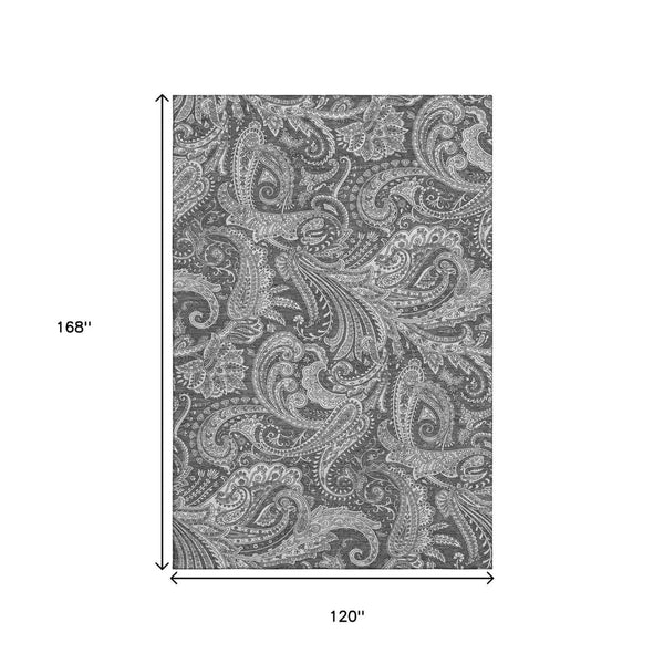 HomeRoots 10' X 14' Gray & Ivory Paisley Washable Area Rug - Stain Resistant, UV Protected & Elegant Design 654662