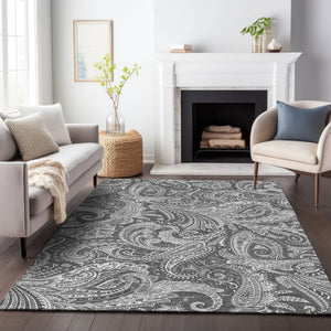 HomeRoots 10' X 14' Gray & Ivory Paisley Washable Area Rug - Stain Resistant, UV Protected & Elegant Design 654662
