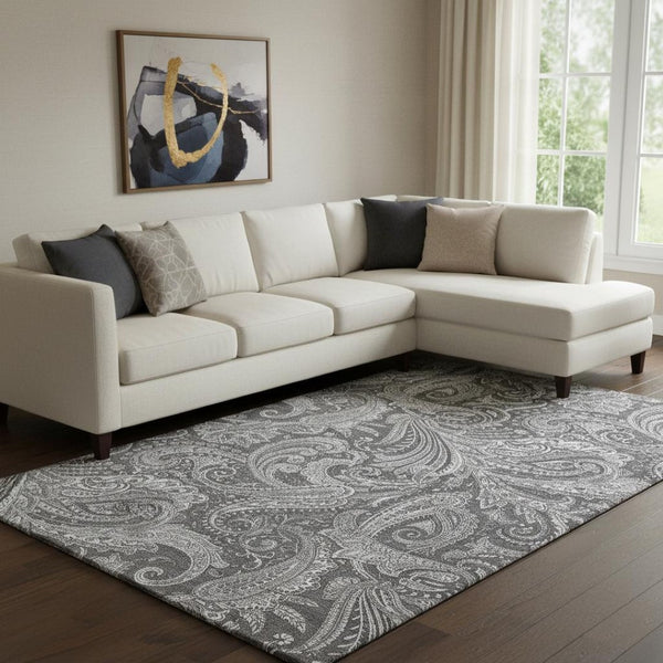 HomeRoots 10' X 14' Gray & Ivory Paisley Washable Area Rug - Stain Resistant, UV Protected & Elegant Design 654662
