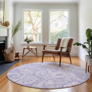 HomeRoots 8' Lavender And Ivory Paisley Round Rug – Washable, Durable, UV Protected for Stylish Living Spaces 654665