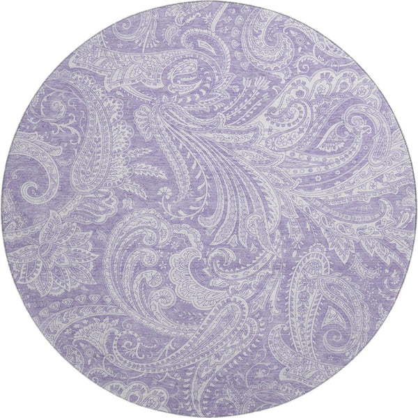 HomeRoots 8' Lavender And Ivory Paisley Round Rug – Washable, Durable, UV Protected for Stylish Living Spaces 654665