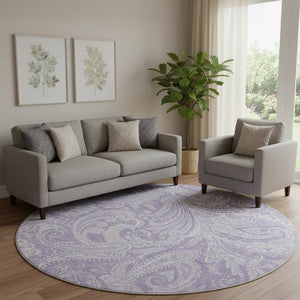 HomeRoots 8' Lavender And Ivory Paisley Round Rug – Washable, Durable, UV Protected for Stylish Living Spaces 654665