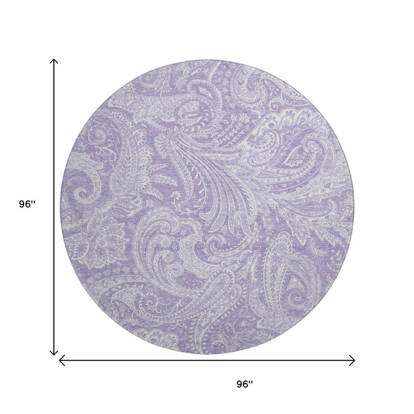 HomeRoots 8' Lavender And Ivory Paisley Round Rug – Washable, Durable, UV Protected for Stylish Living Spaces 654665