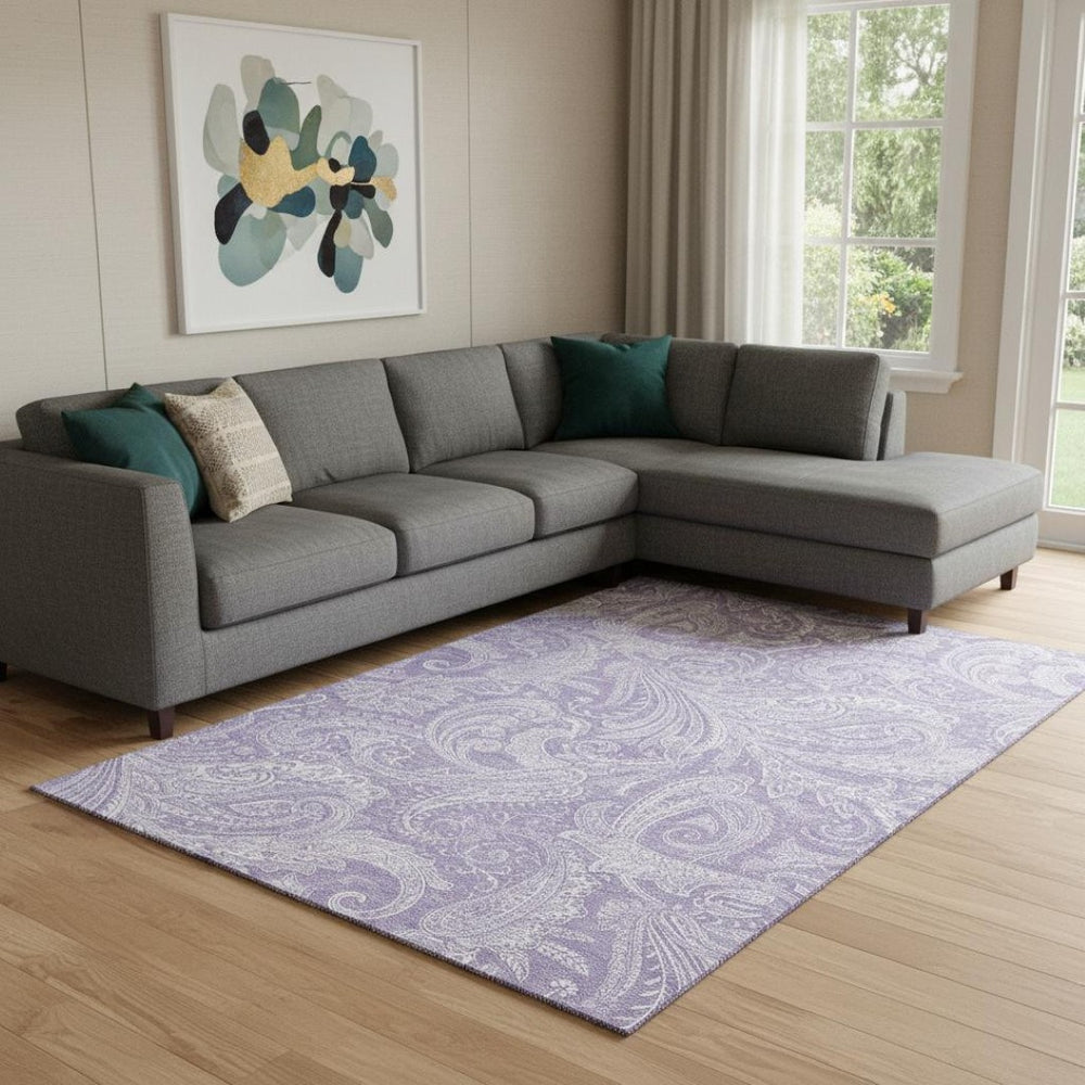 HomeRoots 10' X 14' Elegant Lavender & Ivory Paisley Area Rug - Washable, UV Protected, Pet-Friendly Design! 654668
