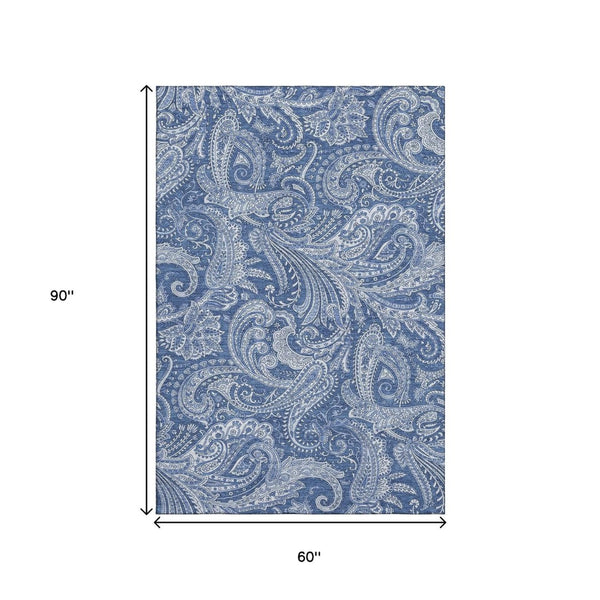 HomeRoots 5' Navy Blue & Ivory Paisley Area Rug - Washable, UV Protected, Stain Resistant for Busy Homes 654670