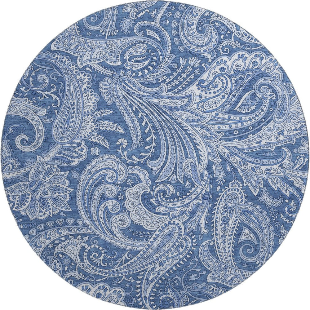 HomeRoots 8' Navy Blue and Ivory Paisley Round Rug - Washable, UV Protected, Ideal for High-Traffic Areas 654671
