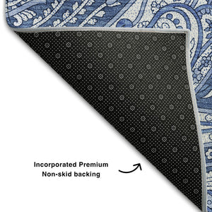 HomeRoots 8' Navy Blue and Ivory Paisley Round Rug - Washable, UV Protected, Ideal for High-Traffic Areas 654671