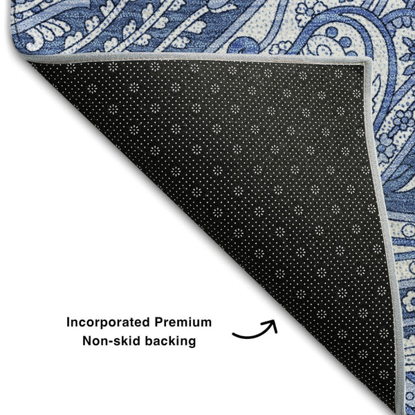 HomeRoots 8' Navy Blue and Ivory Paisley Round Rug - Washable, UV Protected, Ideal for High-Traffic Areas 654671
